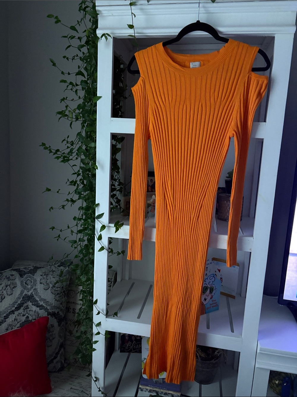 a new day Orange Ribbed Cold-Shoulder Long Sleeve Knit Dress